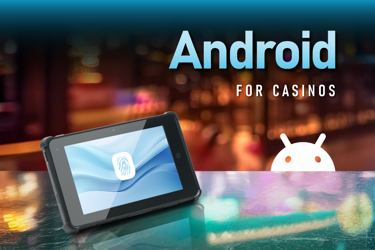 Quest VIII Ultra tablet in a Casino Environment with Android logo and "Android for Casinos" text